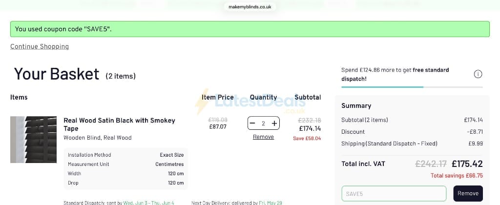 Screenshot of the Make My Blinds discount code working