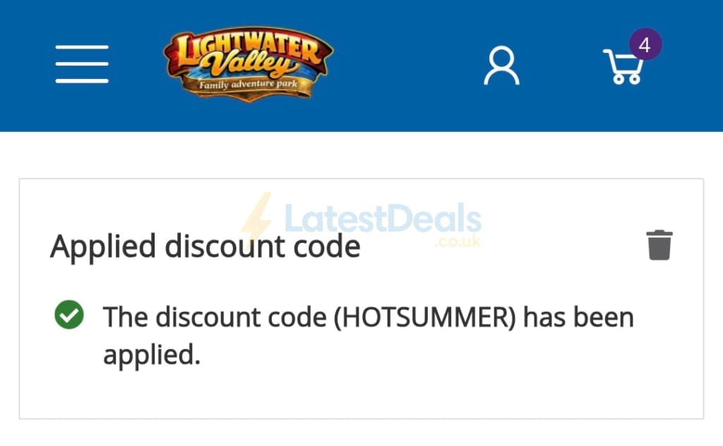 Screenshot of the Lightwater Valley discount code working