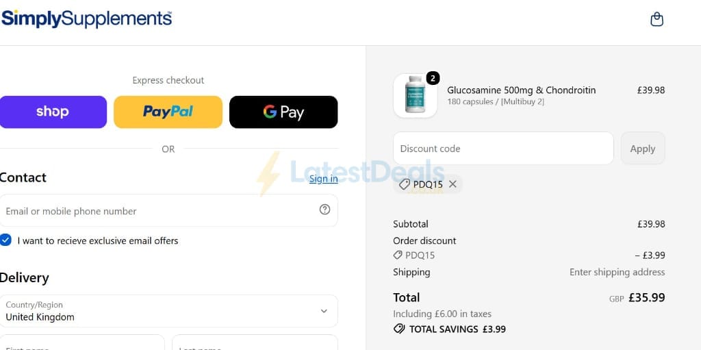 Screenshot of the SimplySupplements discount code working
