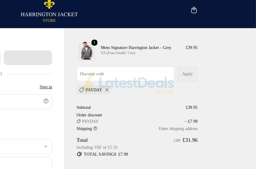 Screenshot of the Harrington Jacket Store discount code working