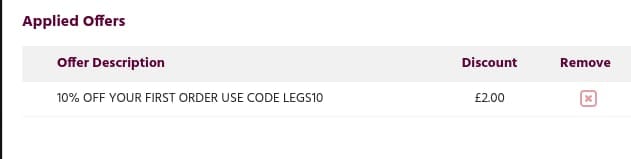 Screenshot of the Leglicious discount code working