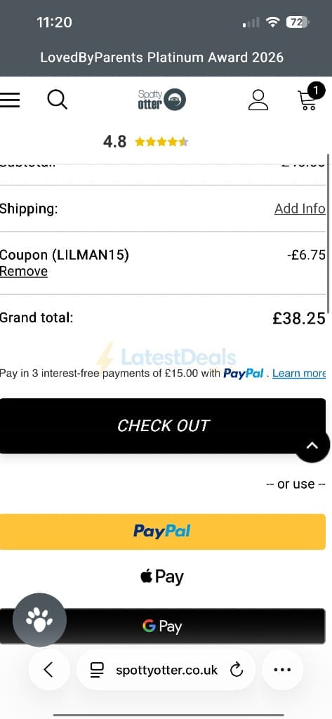 Screenshot of the Spotty Otter discount code working