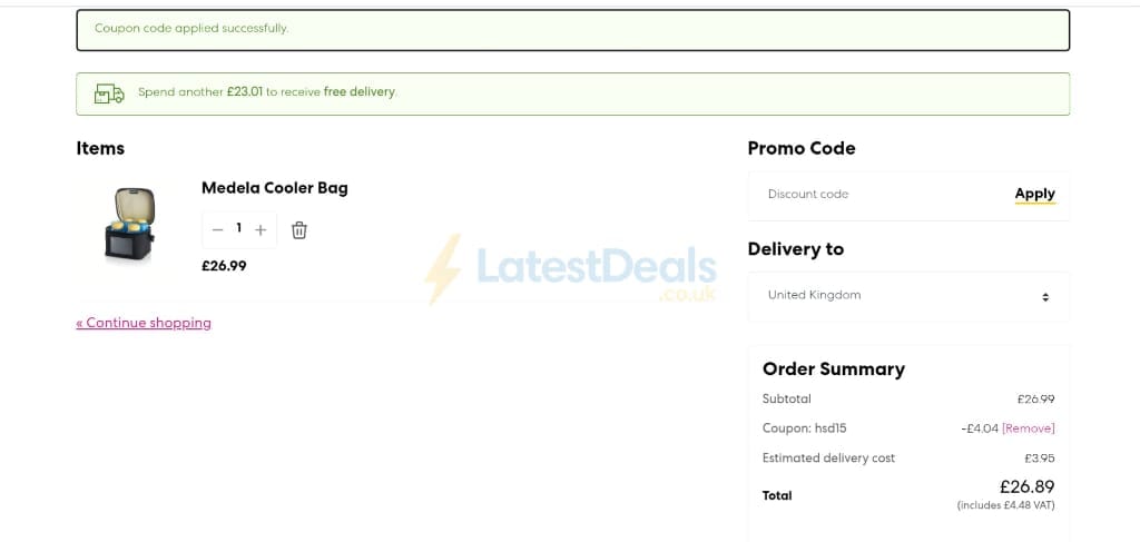 Screenshot of the Medela discount code working