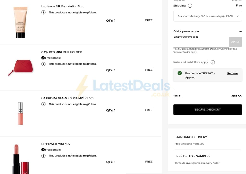 Screenshot of the Armani Beauty discount code working