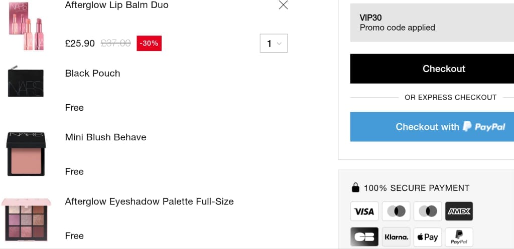 Screenshot of the NARS Cosmetics discount code working
