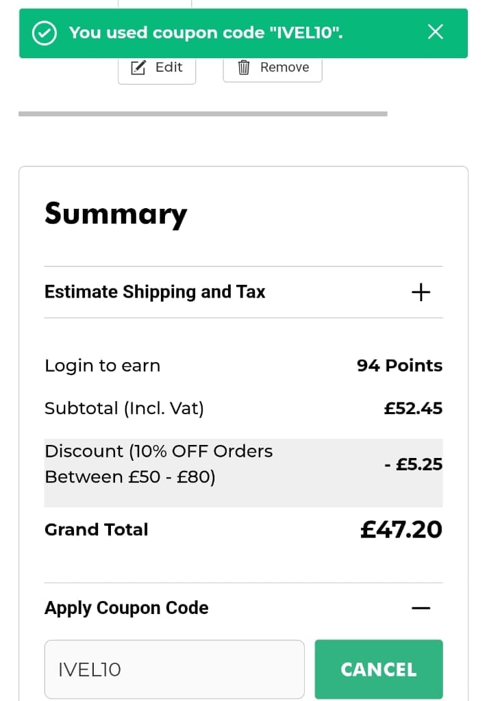 Screenshot of the Ivel Valley Bird Food discount code working