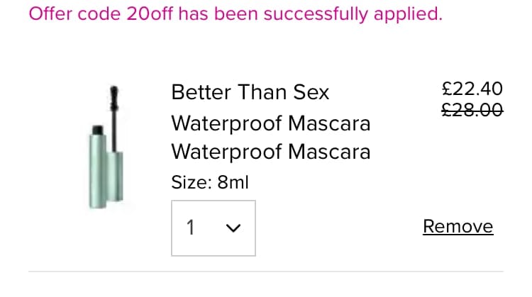 Screenshot of the Toofaced discount code working