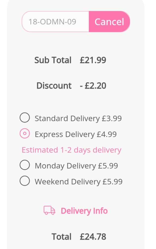 Screenshot of the Personalised Gifts Shop discount code working