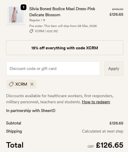Screenshot of the BODEN discount code working