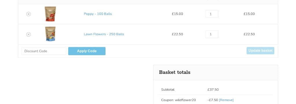 Screenshot of the Seedball discount code working