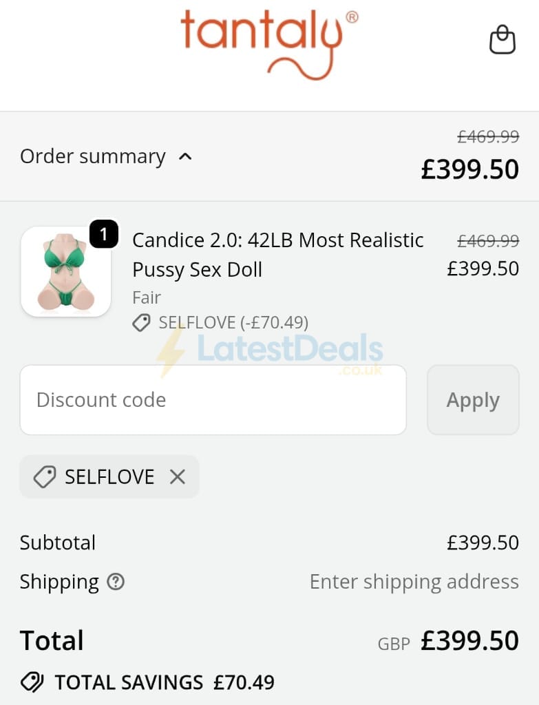 Screenshot of the Tantaly discount code working