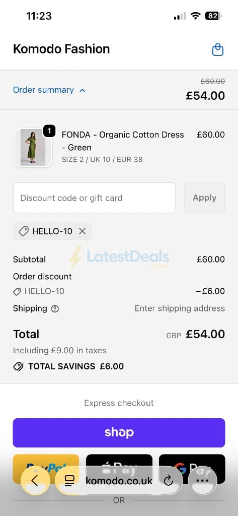 Screenshot of the Komodo discount code working