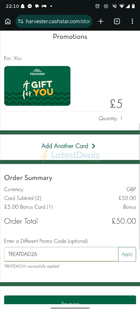 Screenshot of the Harvester discount code working