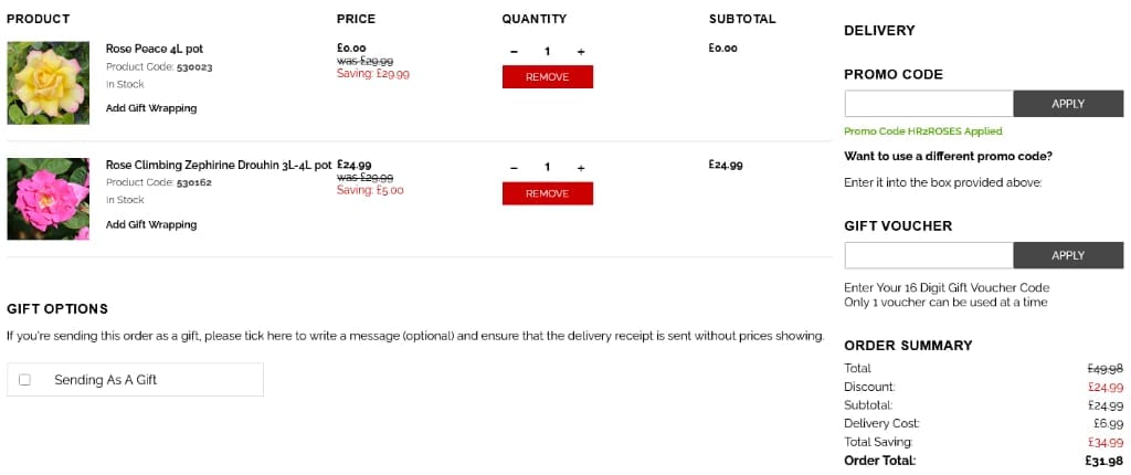 Screenshot of the Harkness Roses discount code working