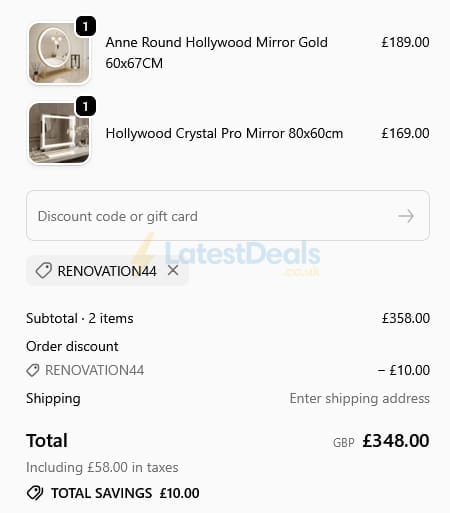 Screenshot of the Hollywood Mirrors discount code working