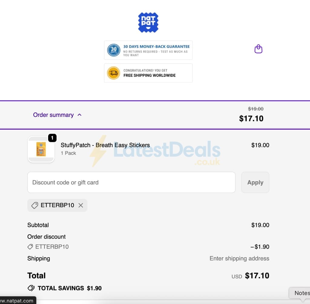 Screenshot of the Natural Patch discount code working