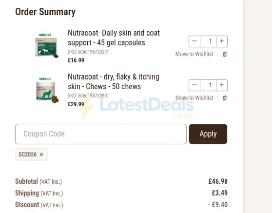 Screenshot of the Nutravet discount code working