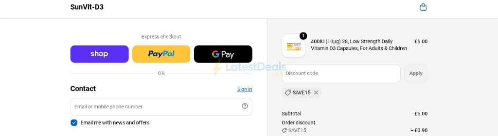 Screenshot of the SunVit-D3 discount code working