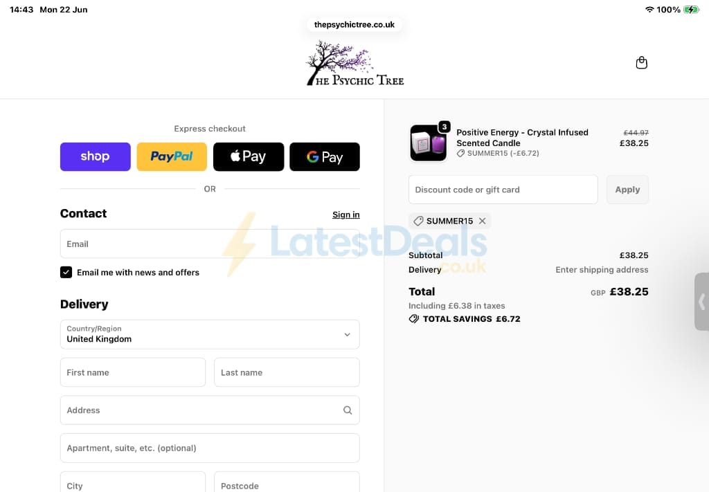 Screenshot of the The Psychic Tree discount code working