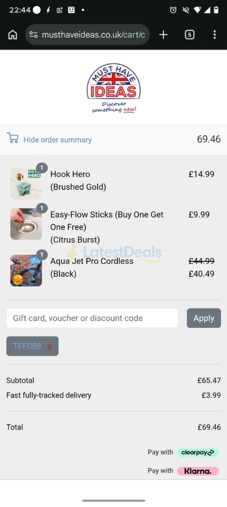 Screenshot of the Must Have Ideas discount code working