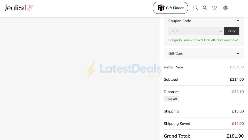 Screenshot of the Jeulia discount code working