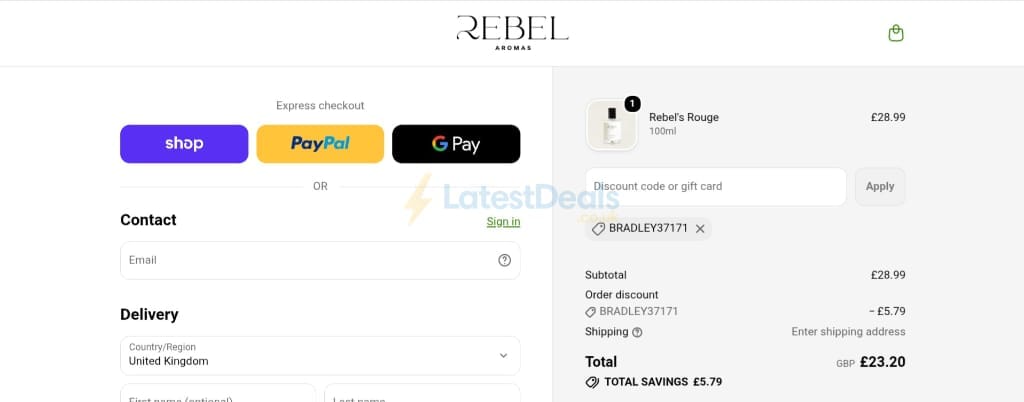 Screenshot of the Rebel Aromas discount code working