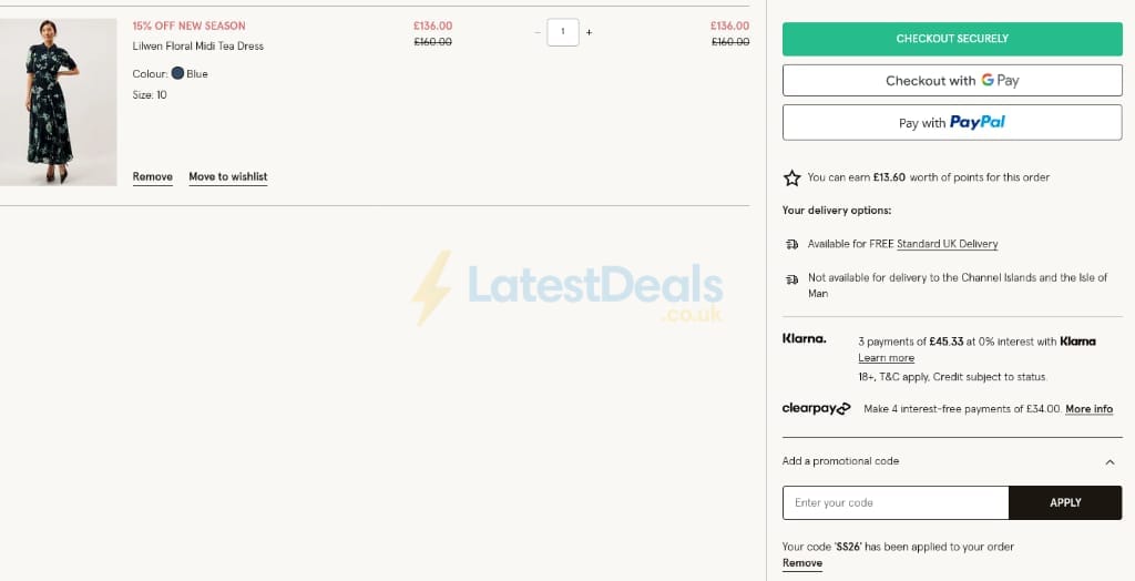 Screenshot of the Monsoon discount code working