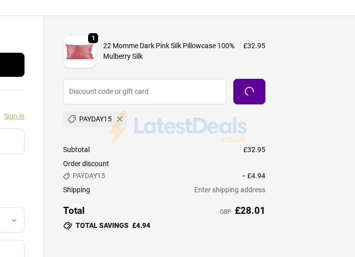 Screenshot of the Silk Pillowcase discount code working