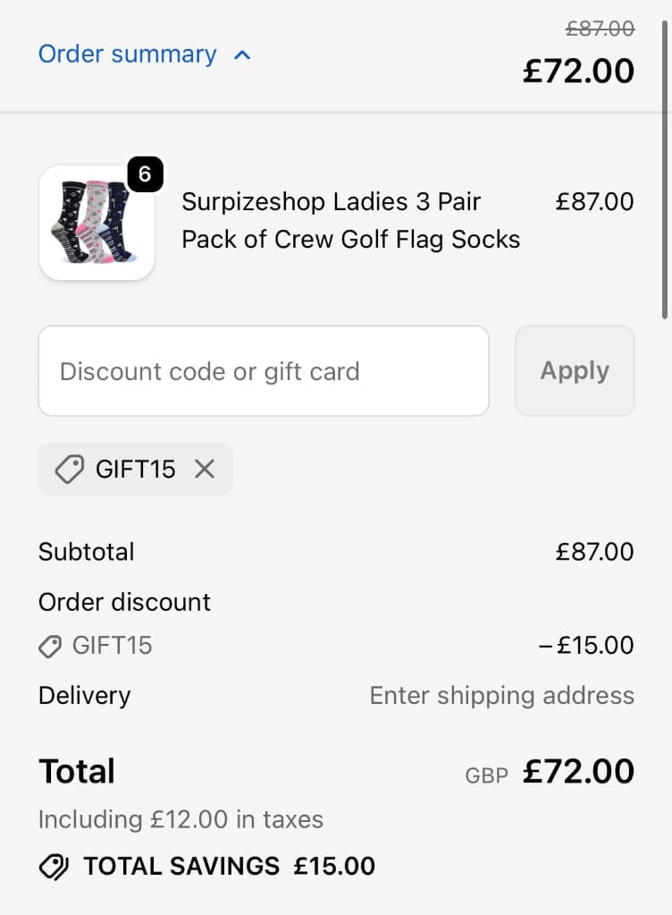 Screenshot of the Golf Garb discount code working
