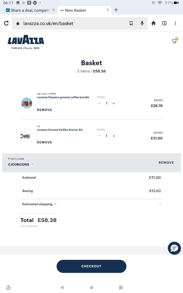 Screenshot of the Lavazza discount code working