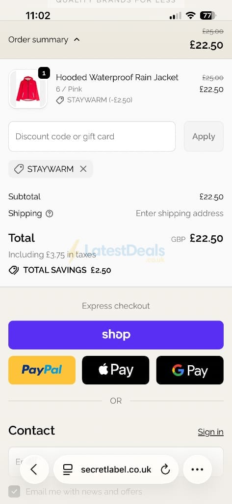 Screenshot of the Secret Label discount code working