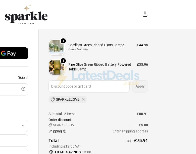 Screenshot of the Sparkle discount code working