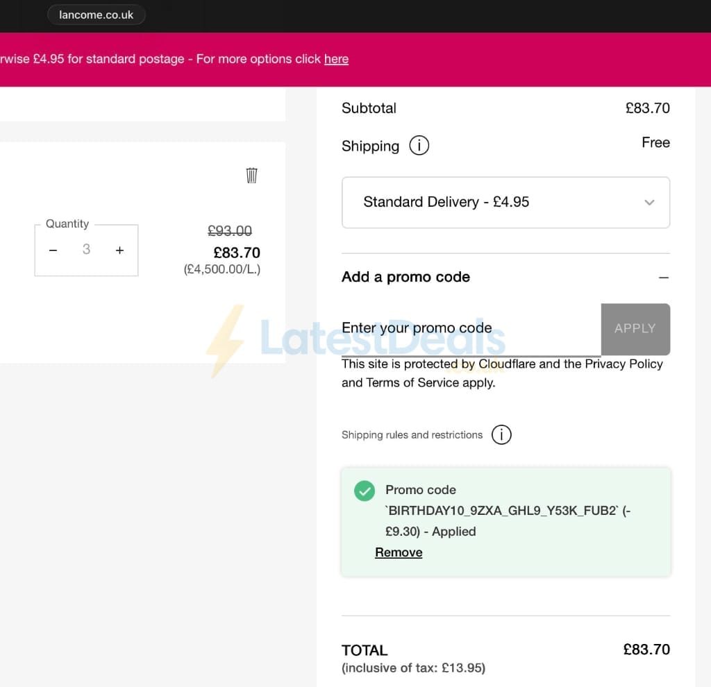 Screenshot of the Lancome discount code working