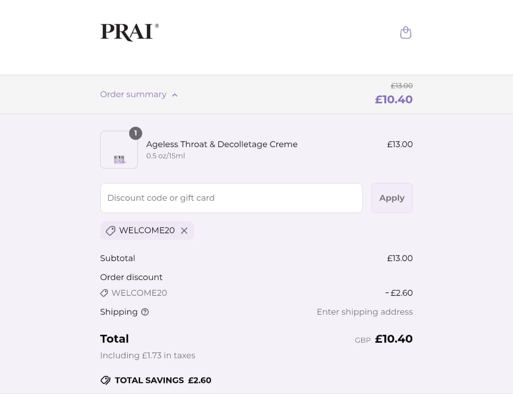 Screenshot of the Prai Beauty discount code working