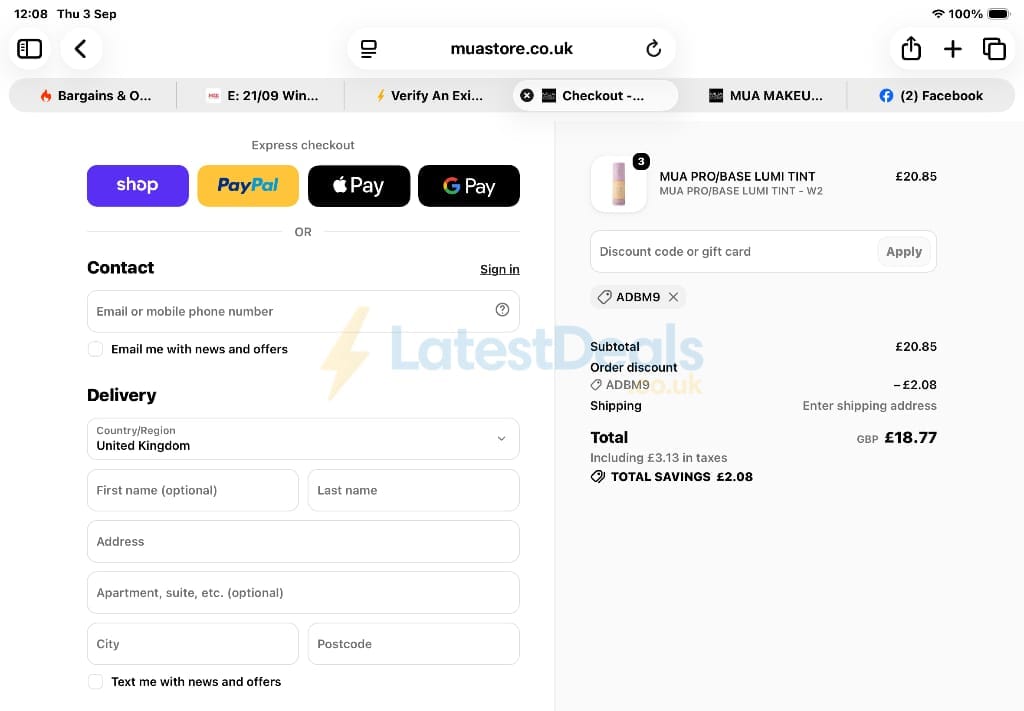Screenshot of the MUA discount code working