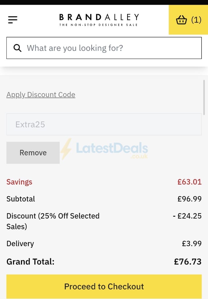 Screenshot of the BrandAlley discount code working