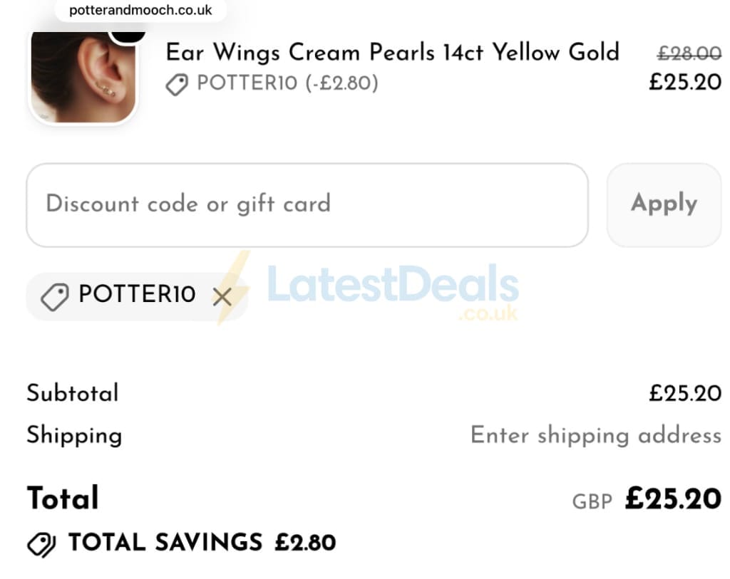 Screenshot of the Potter & Mooch discount code working