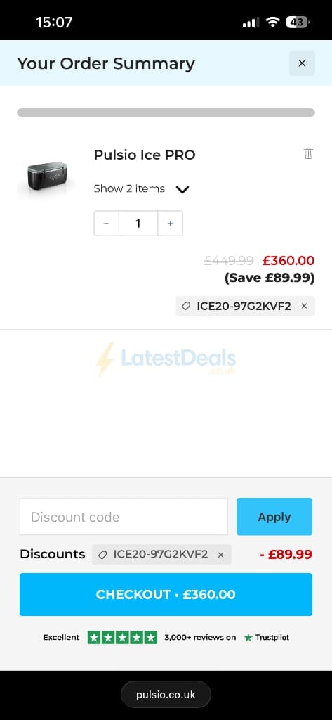 Screenshot of the Pulsio discount code working