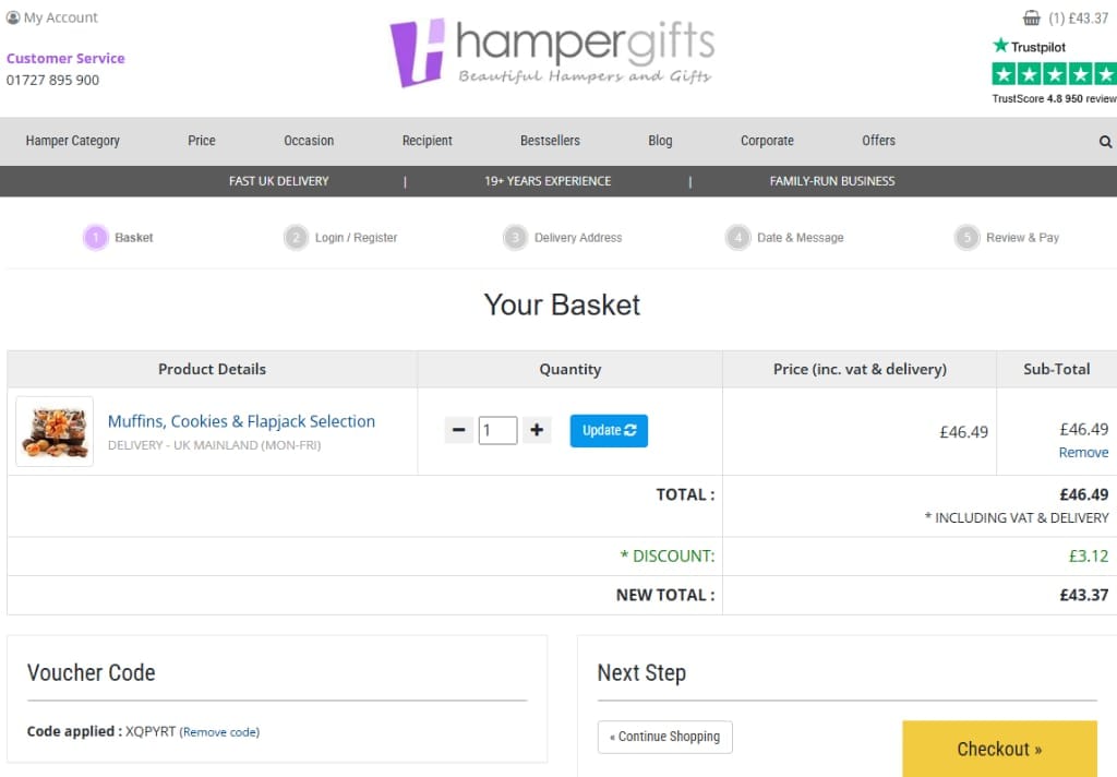 Screenshot of the Hampergifts discount code working