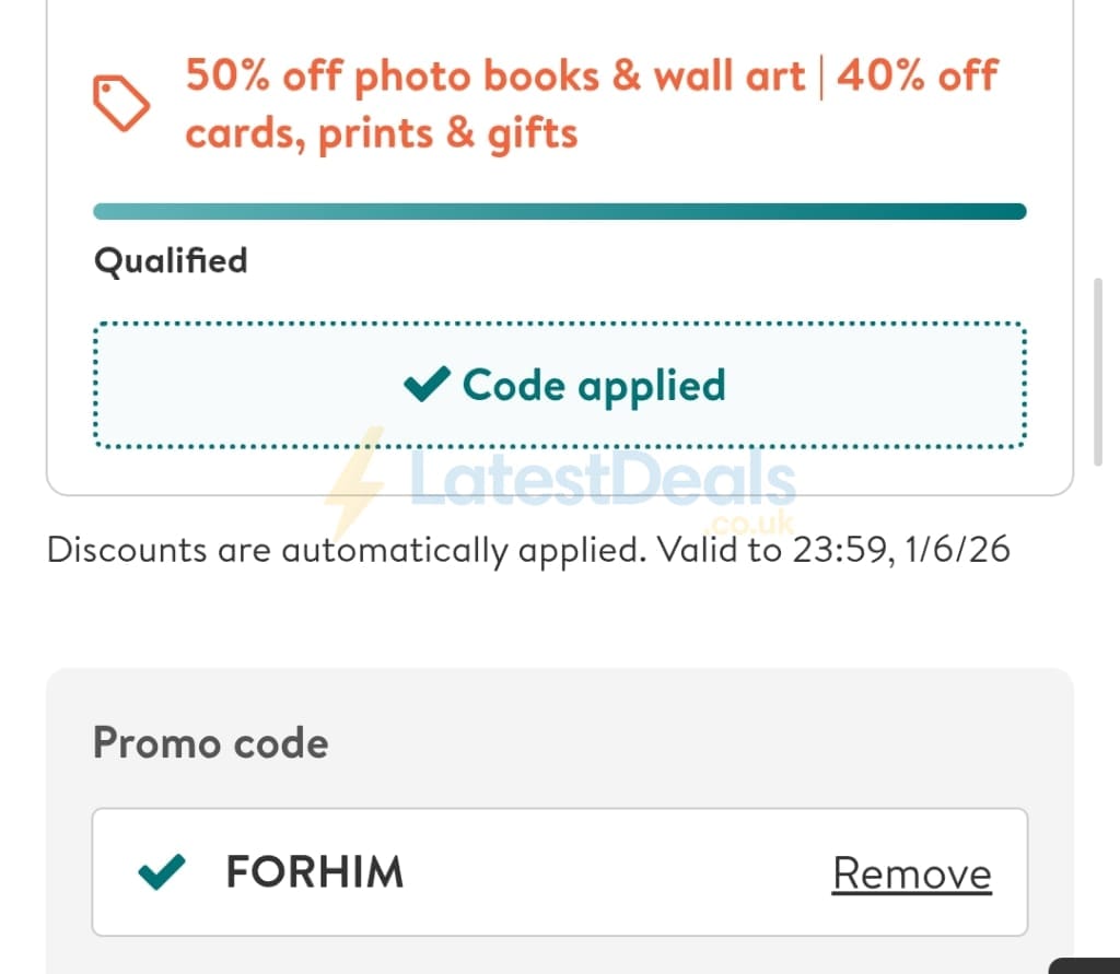 Screenshot of the Photobox discount code working