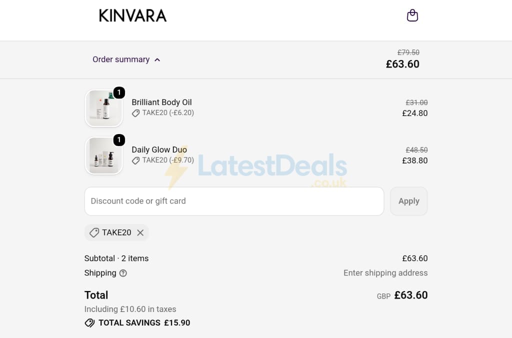 Screenshot of the Kinvara Skincare discount code working