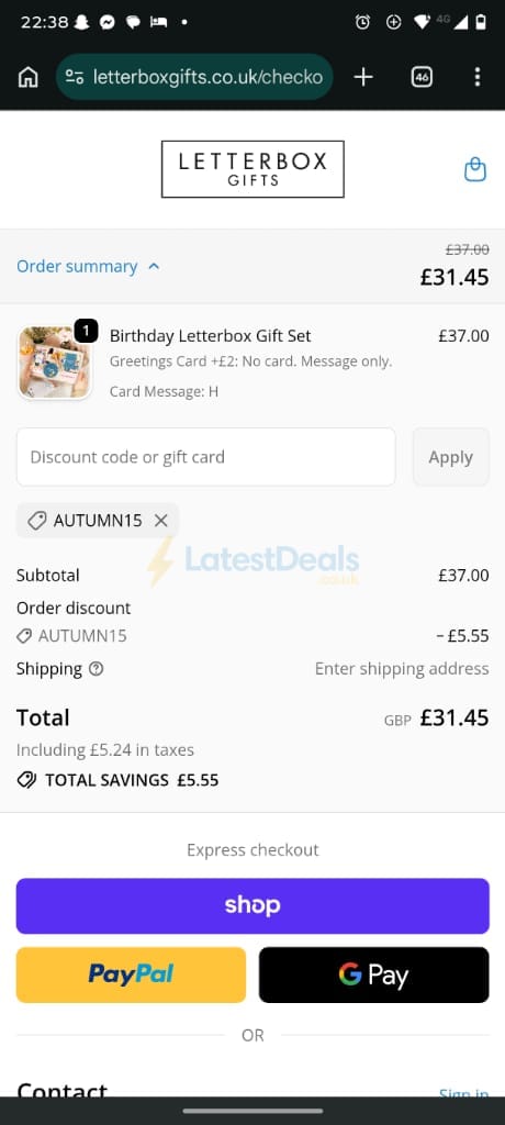 Screenshot of the Letterbox Gifts discount code working