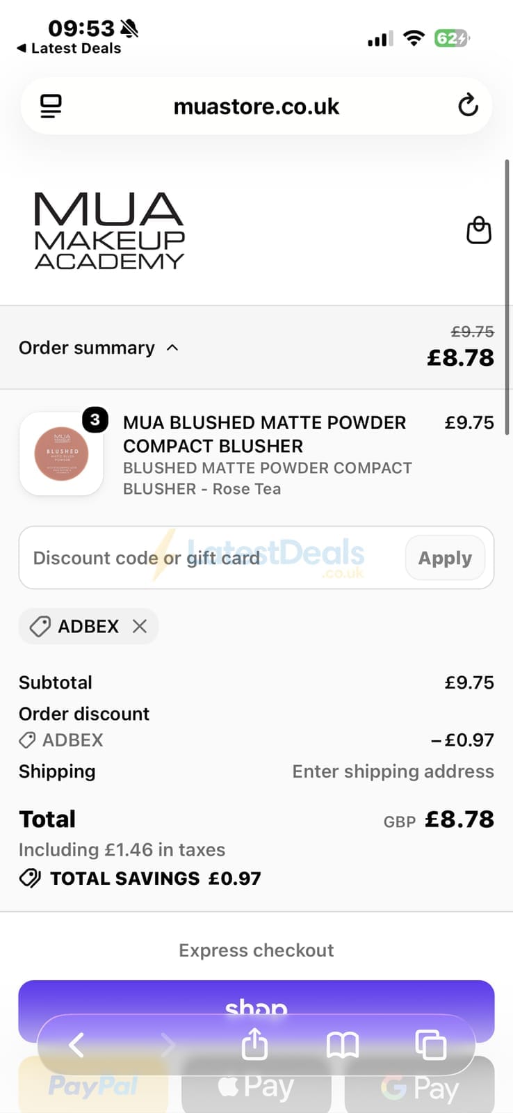 Screenshot of the MUA discount code working