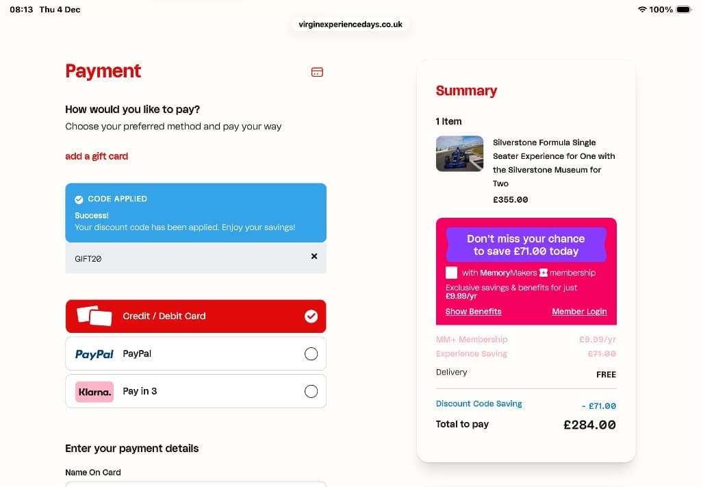Screenshot of the Virgin Experience Days discount code working