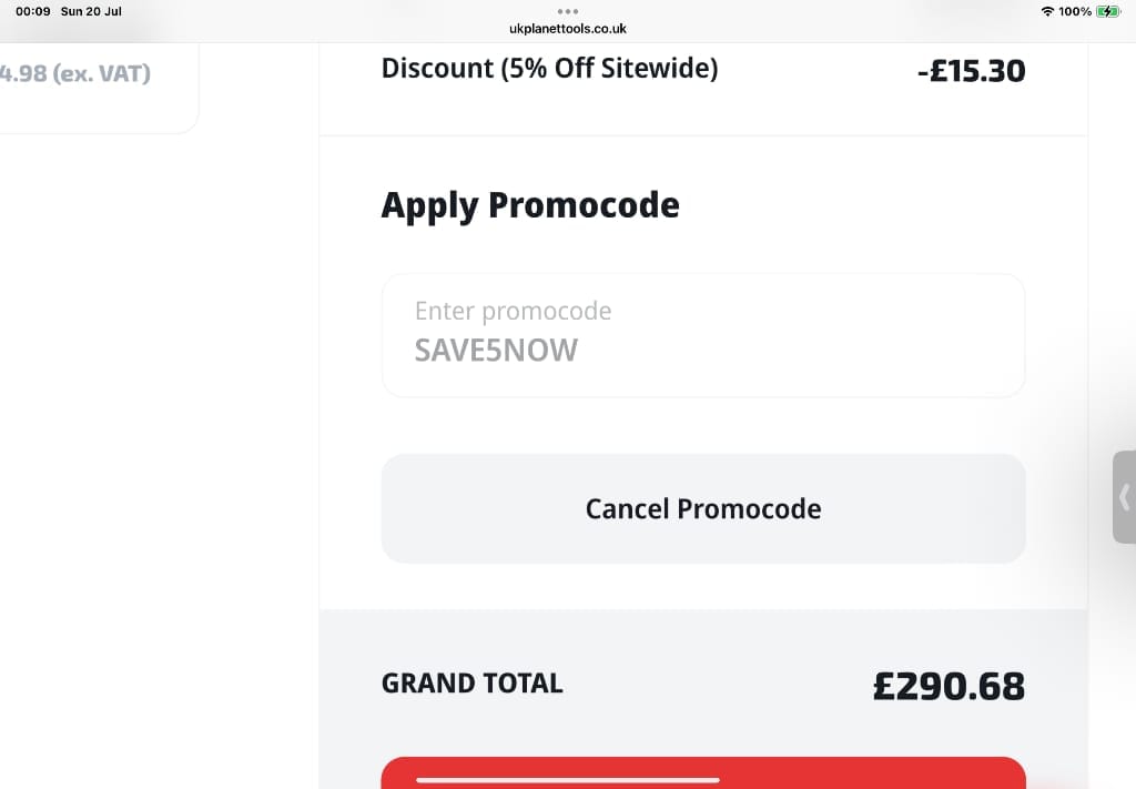 Screenshot of the UK Planet Tools discount code working