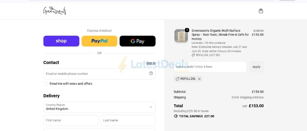 Screenshot of the Greenscents discount code working
