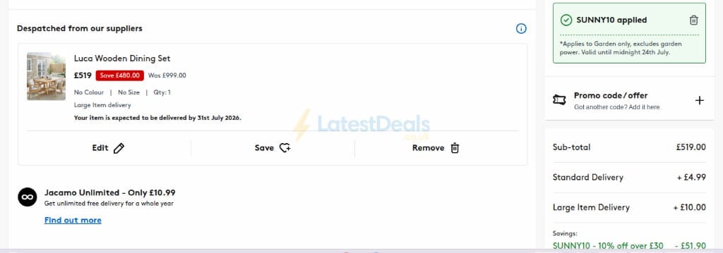 Screenshot of the Jacamo discount code working