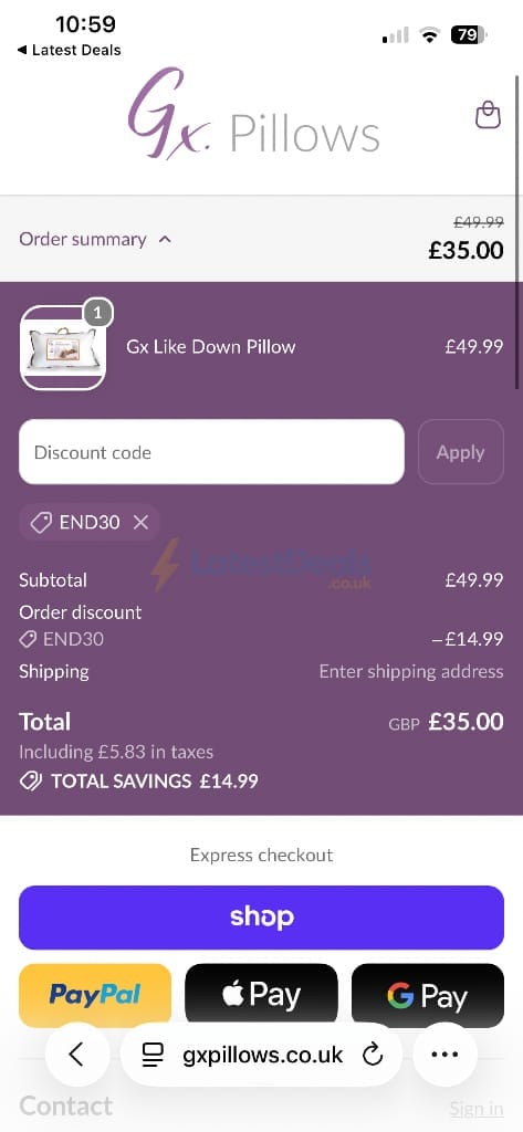 Screenshot of the Gx Pillows discount code working