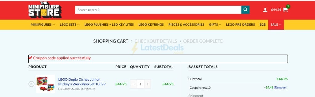 Screenshot of the The Minifigure Store discount code working