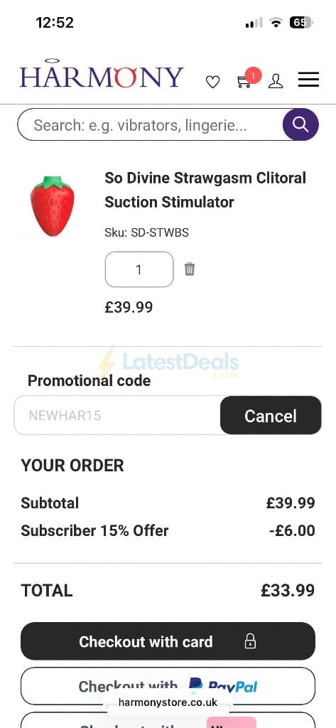 Screenshot of the Harmony discount code working